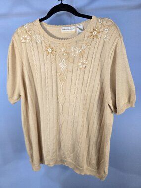 Vintage Women's Alfred Dunner Cable Knit Tan Sweater S1ze 2X Embroidered (QQ-15)